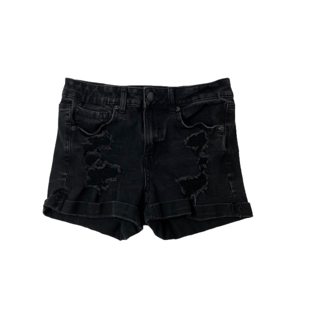 Aero Aeropostale High Rise Midi distressed black denim shorts size 8